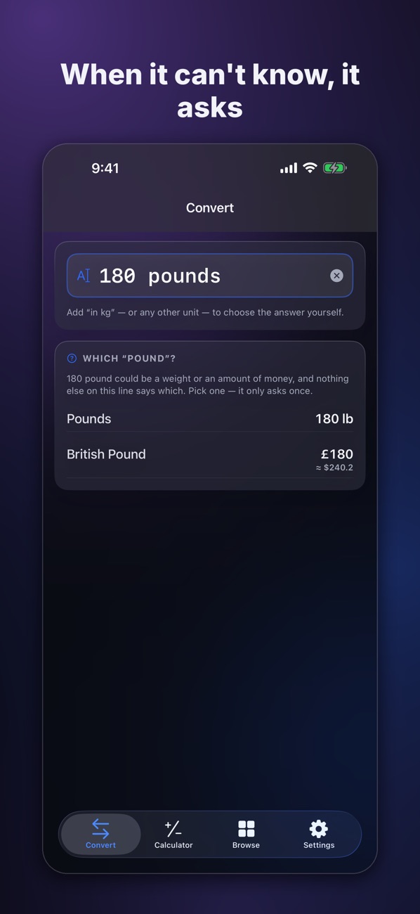 UnitSnap Convert screen with 180 pounds typed, asking whether pounds means weight or British pounds