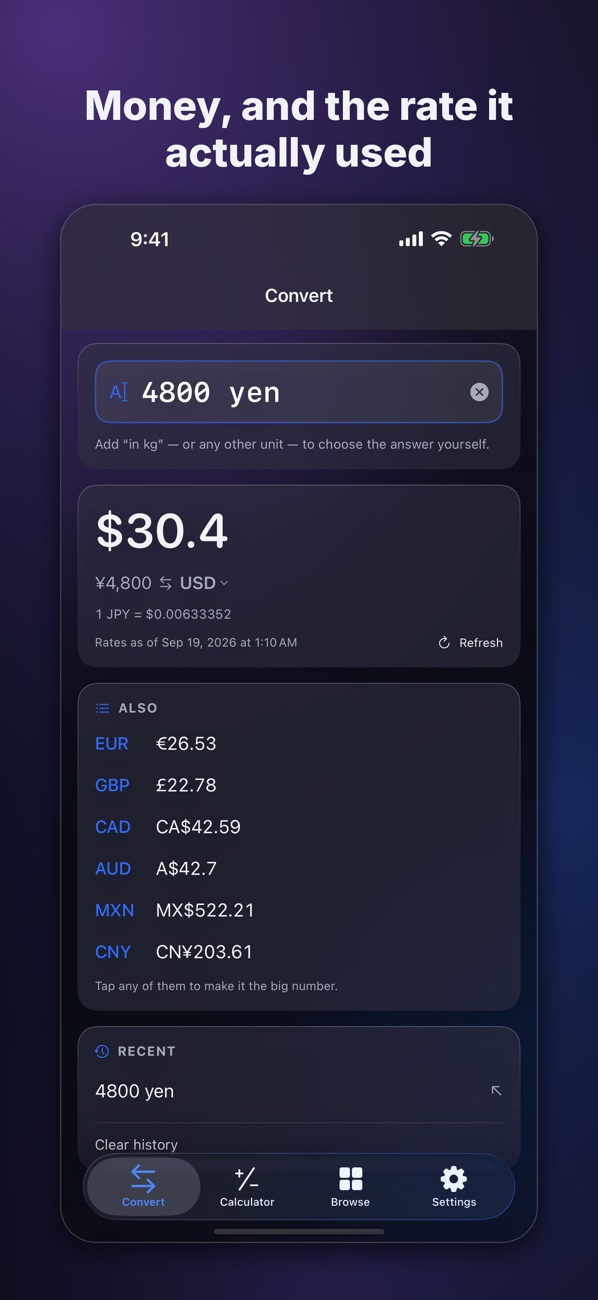 UnitSnap Convert screen with 4800 yen typed, showing the dollar answer and the rate date