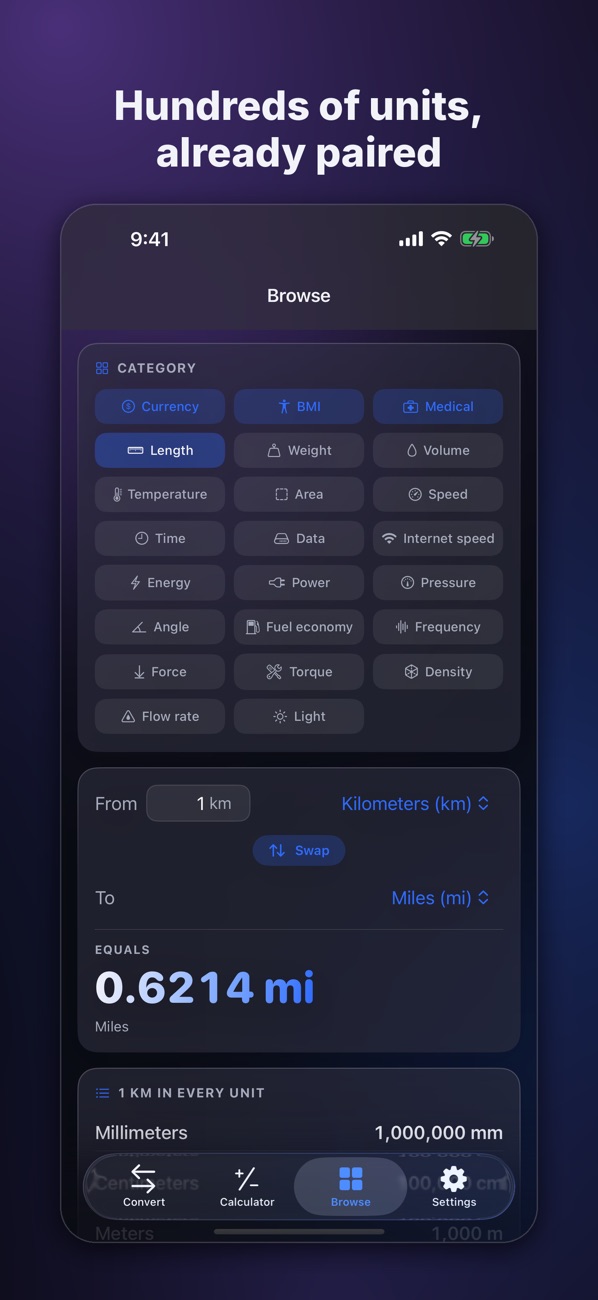 UnitSnap Browse screen listing unit categories, with 1 km converted to 0.6214 mi